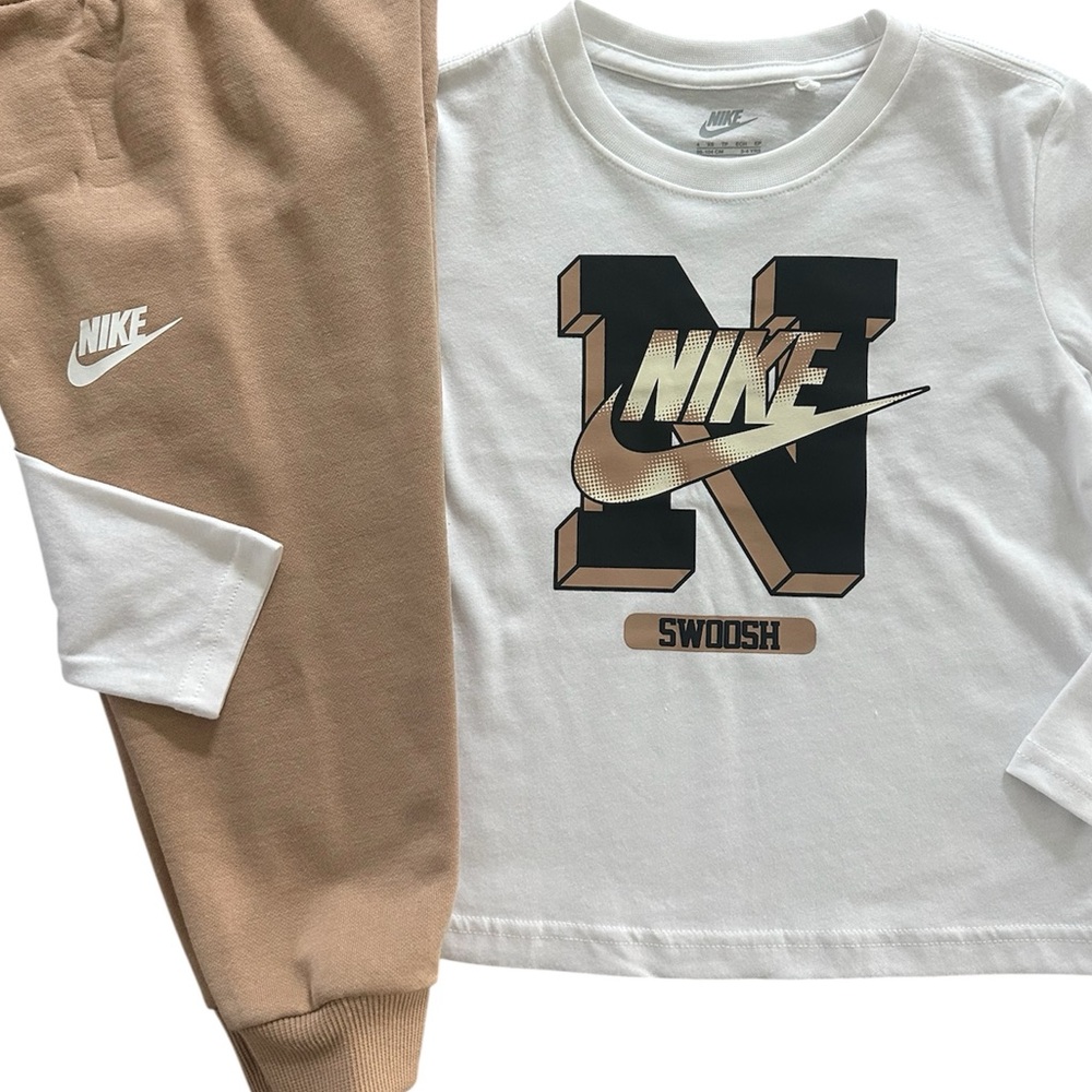 Nike Long Sleeve Logo T-Shirt & Tan Jogger Pants 2 Piece Set Boys Size 4